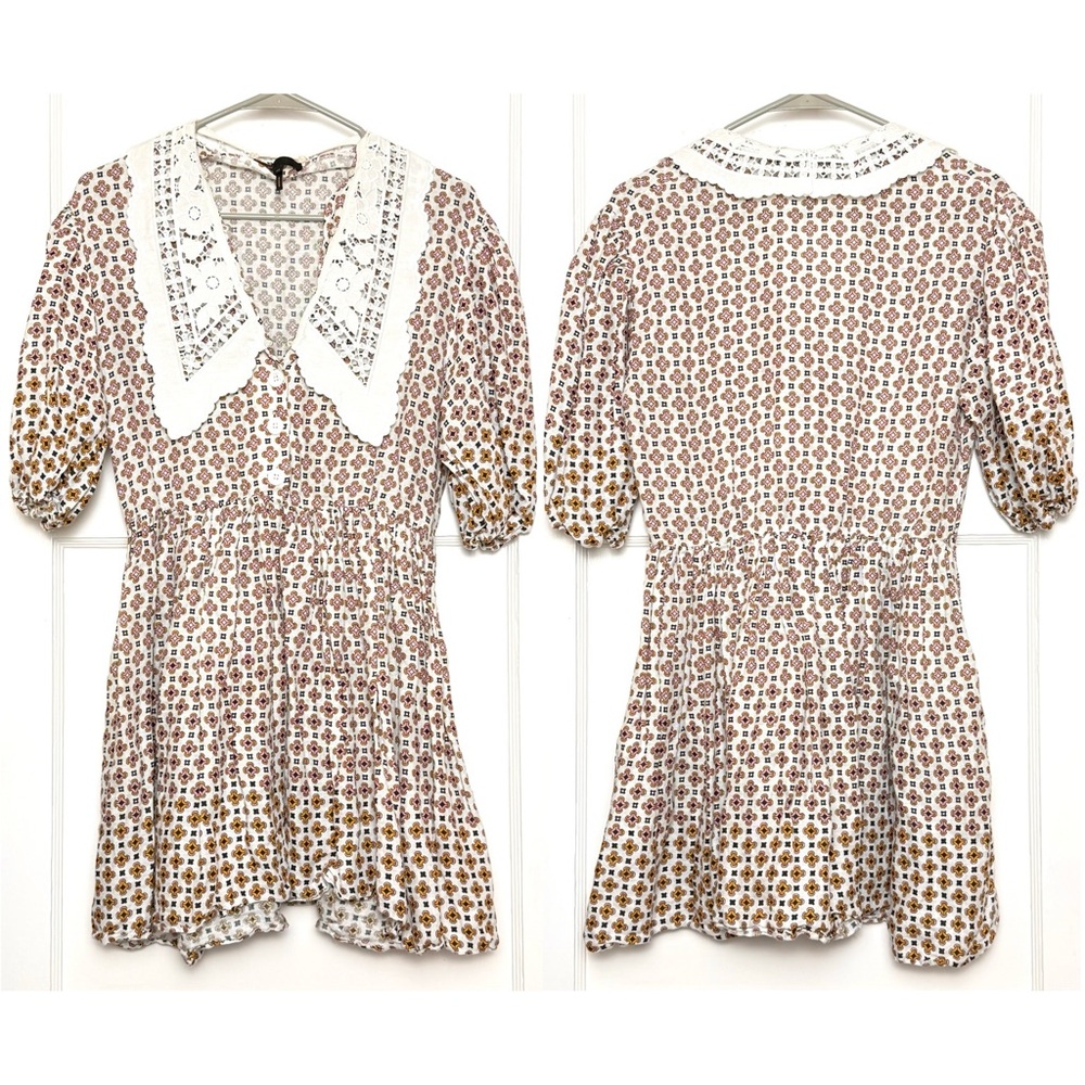 MAJE Lace Collar Tile Print Linen Puff Sleeve Cottagecore 70s Babydoll Dress‎ 6 - Picture 12 of 16